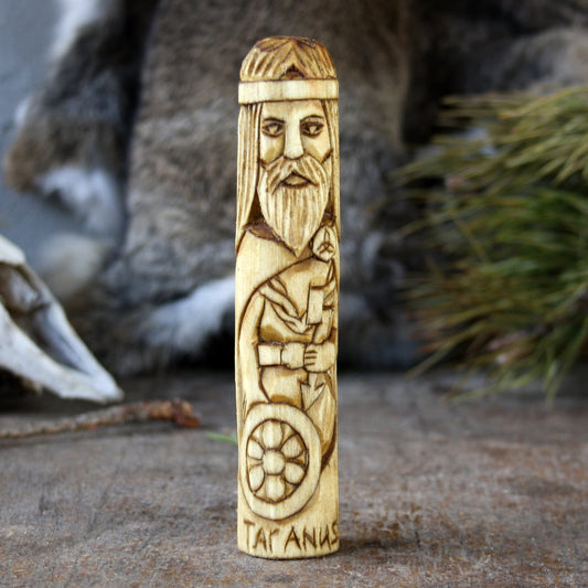 Taranus Celtic god of thunder 15cm hand-carved wooden statue front view