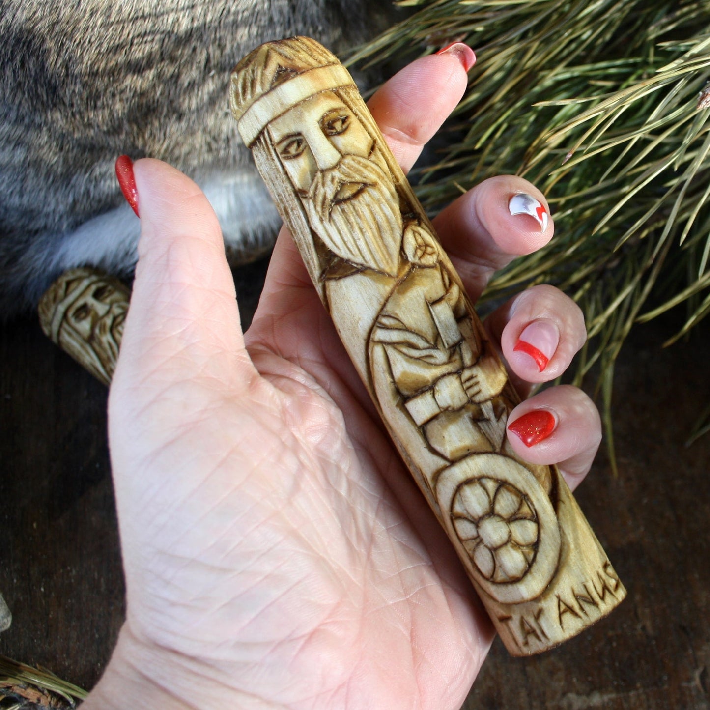 Taranus Celtic god of thunder 15cm wooden statue in hand