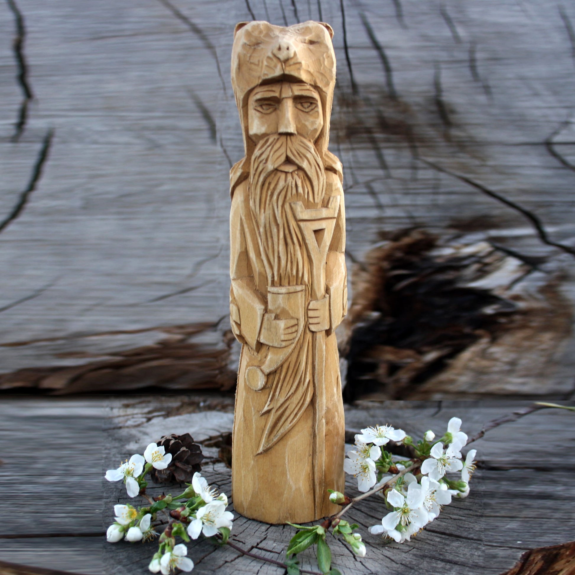 Front view of Veles Slavic God wooden statue 26 cm hand carved from linden wood