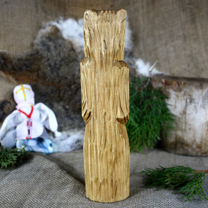 Back view of Veles Slavic God wooden statue 25 cm
