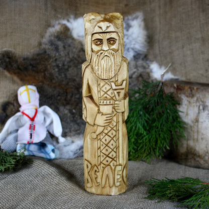 Front view of Veles Slavic God wooden statue 25 cm hand carved from linden wood