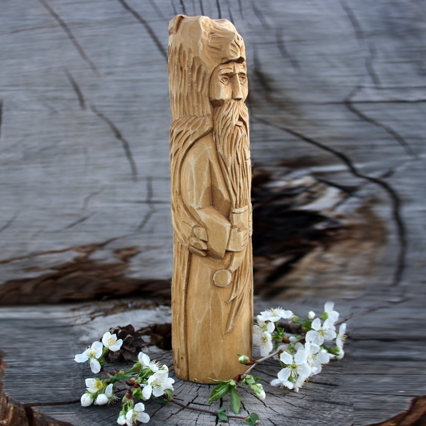 Right side of Veles Slavic God hand carved wooden statue