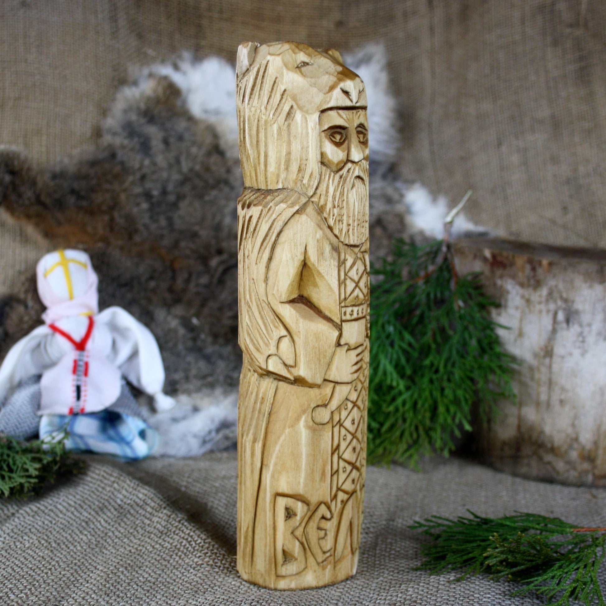 Right side of Veles Slavic God hand carved wooden statu