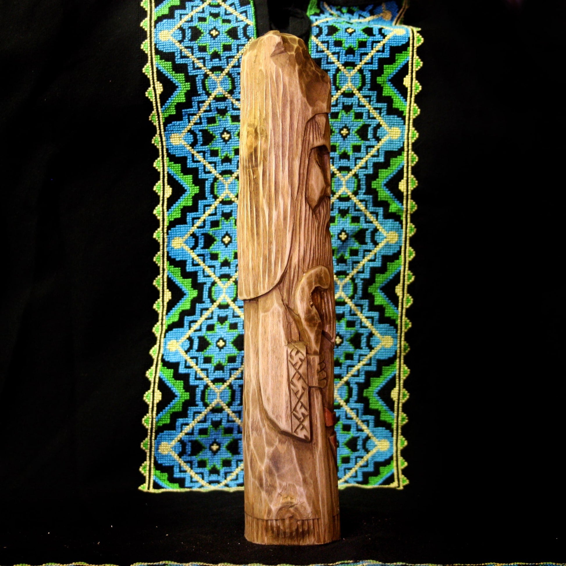 Right side of Veles Slavic God hand carved wooden idol