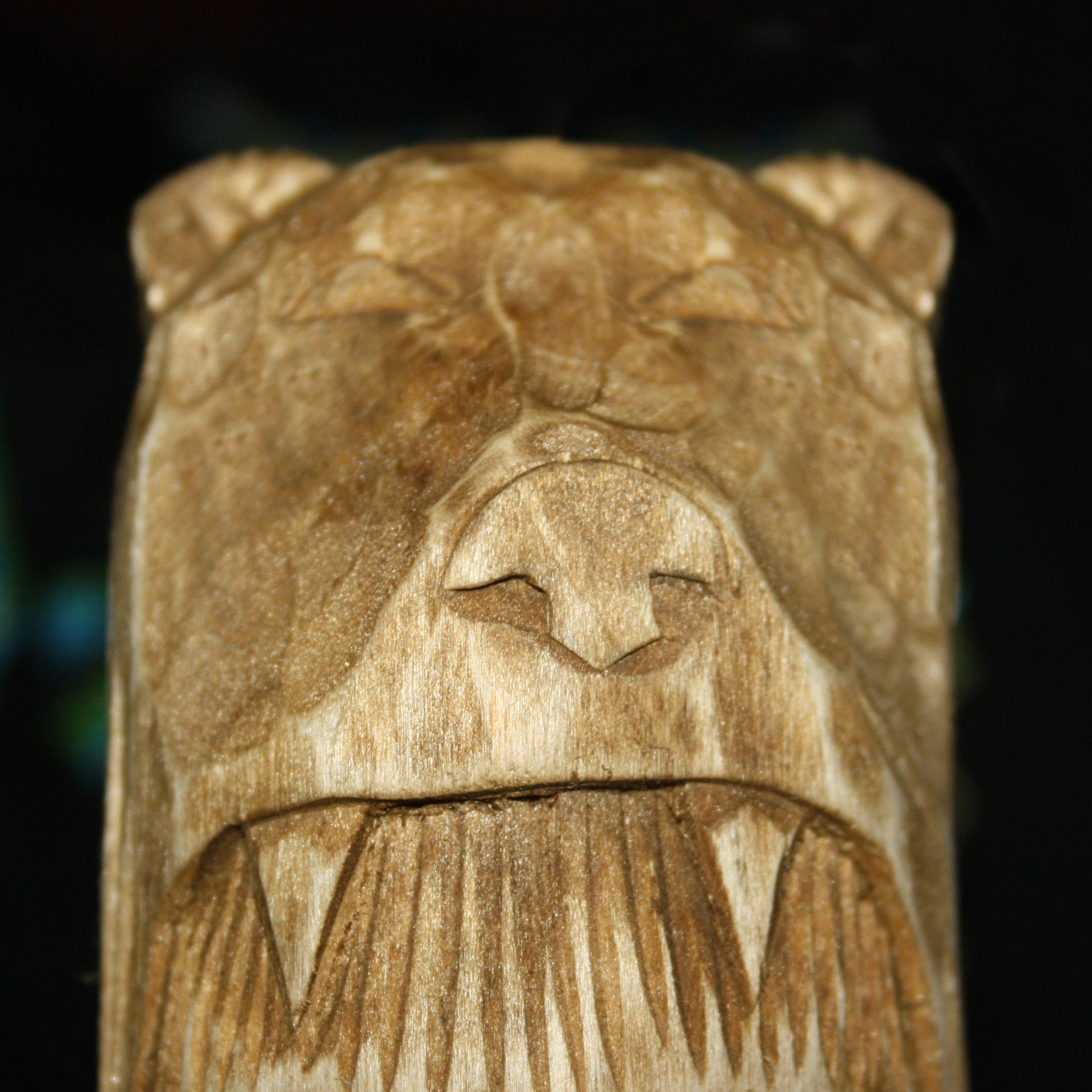 Detailed carving of bear skin on wooden idol