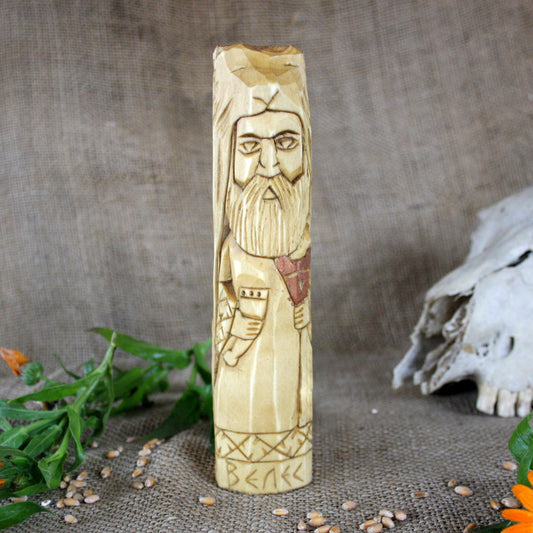 Front view of Veles Slavic wooden idol 18 cm hand carved from linden wood