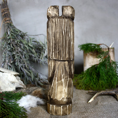 Back view of Veles Slavic wooden idol 25 cm with dark finish