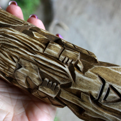 Detailed view of Veles Slavic wooden idol 25 cm showing traditional hand-carved ornaments