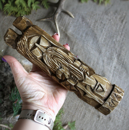 Veles Slavic wooden idol 25 cm held in hand to show size and scale
