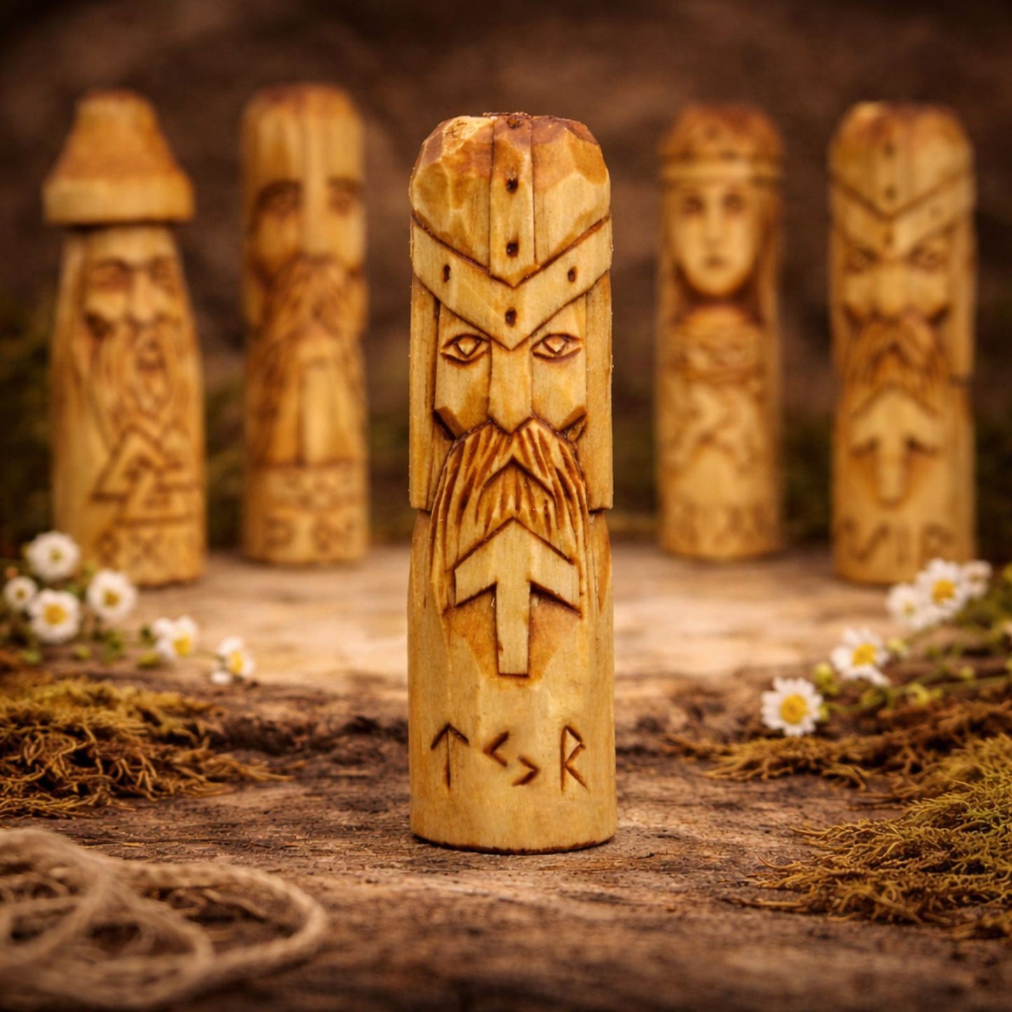 Wooden totem-like figure God Tyr with engraved faces and symbols on a natural background.