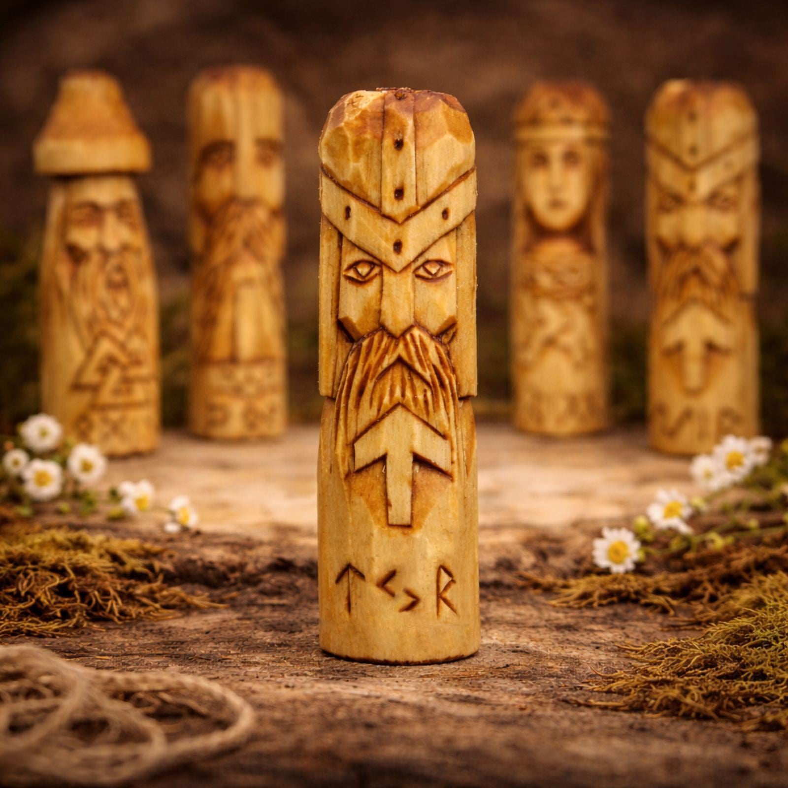 Wooden totem-like figure God Tyr with engraved faces and symbols on a natural background.