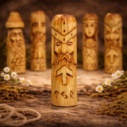 Wooden totem-like figure God Tyr with engraved faces and symbols on a natural background.