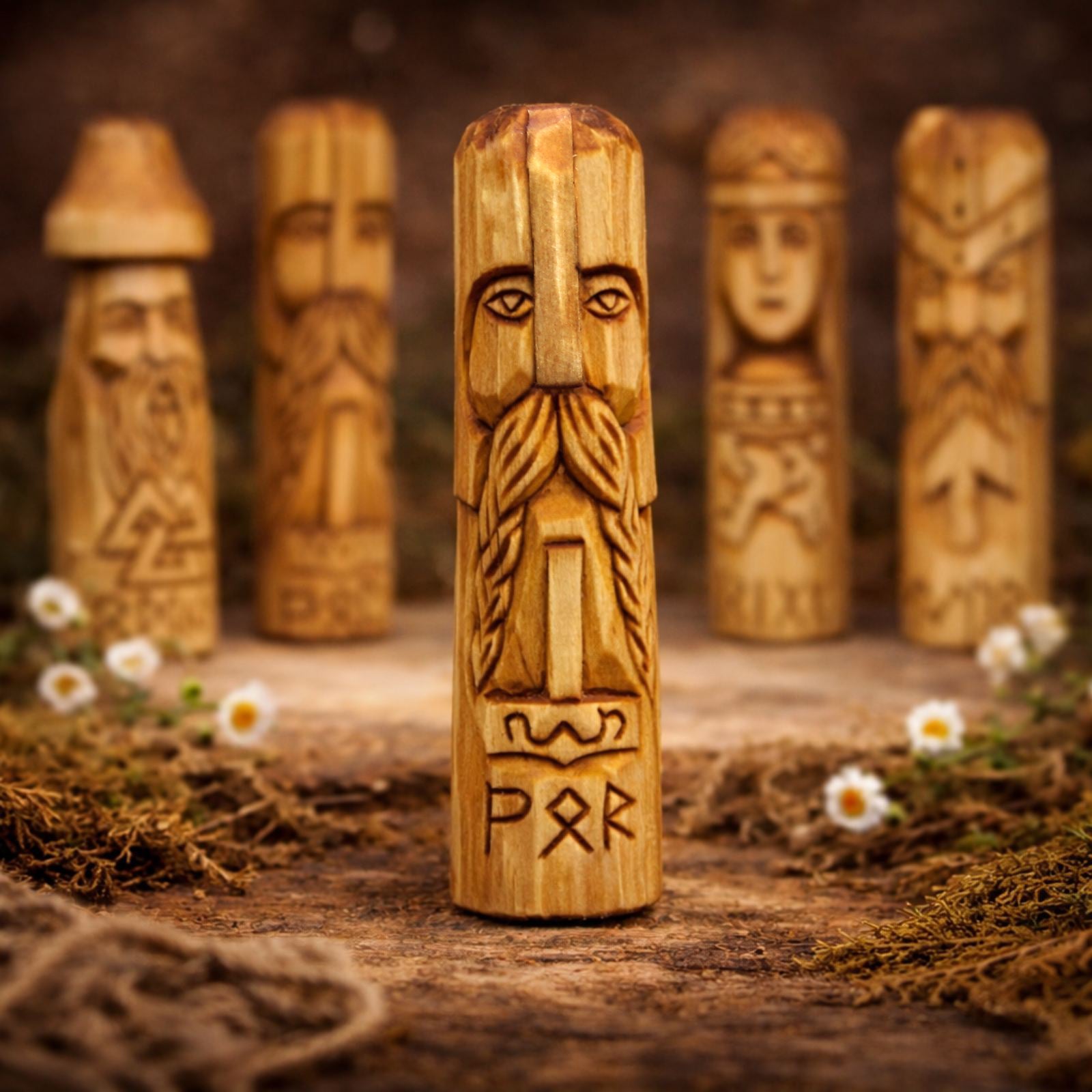 Wooden totem of god Thor with engraved faces and symbols on a natural background
