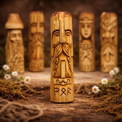 Wooden totem of god Thor with engraved faces and symbols on a natural background