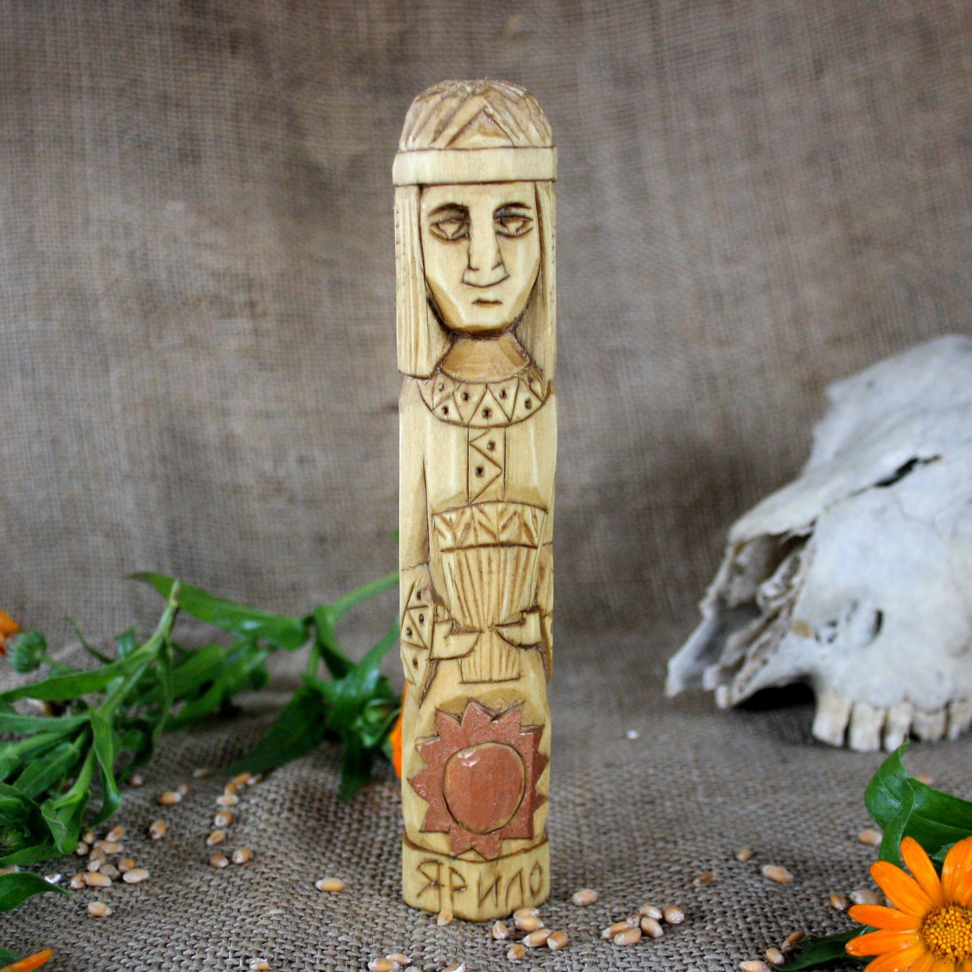 Front view of Yarilo Slavic wooden idol 18 cm hand carved from linden wood