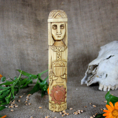 Front view of Yarilo Slavic wooden idol 18 cm hand carved from linden wood