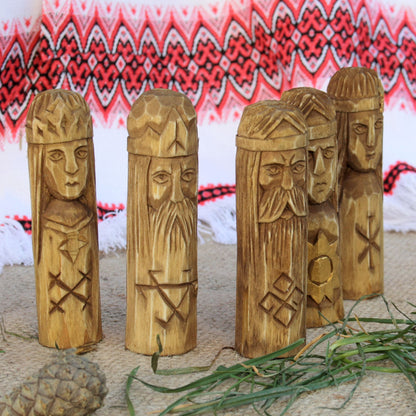 Set of five small Slavic gods wooden idols 10 cm right side view
