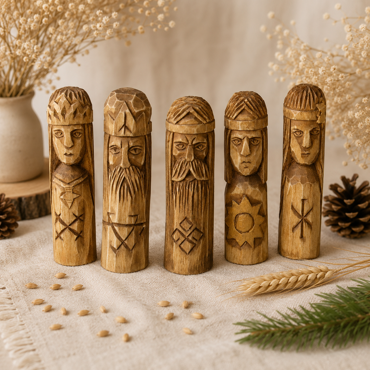 Set of five small Slavic gods wooden idols 10 cm