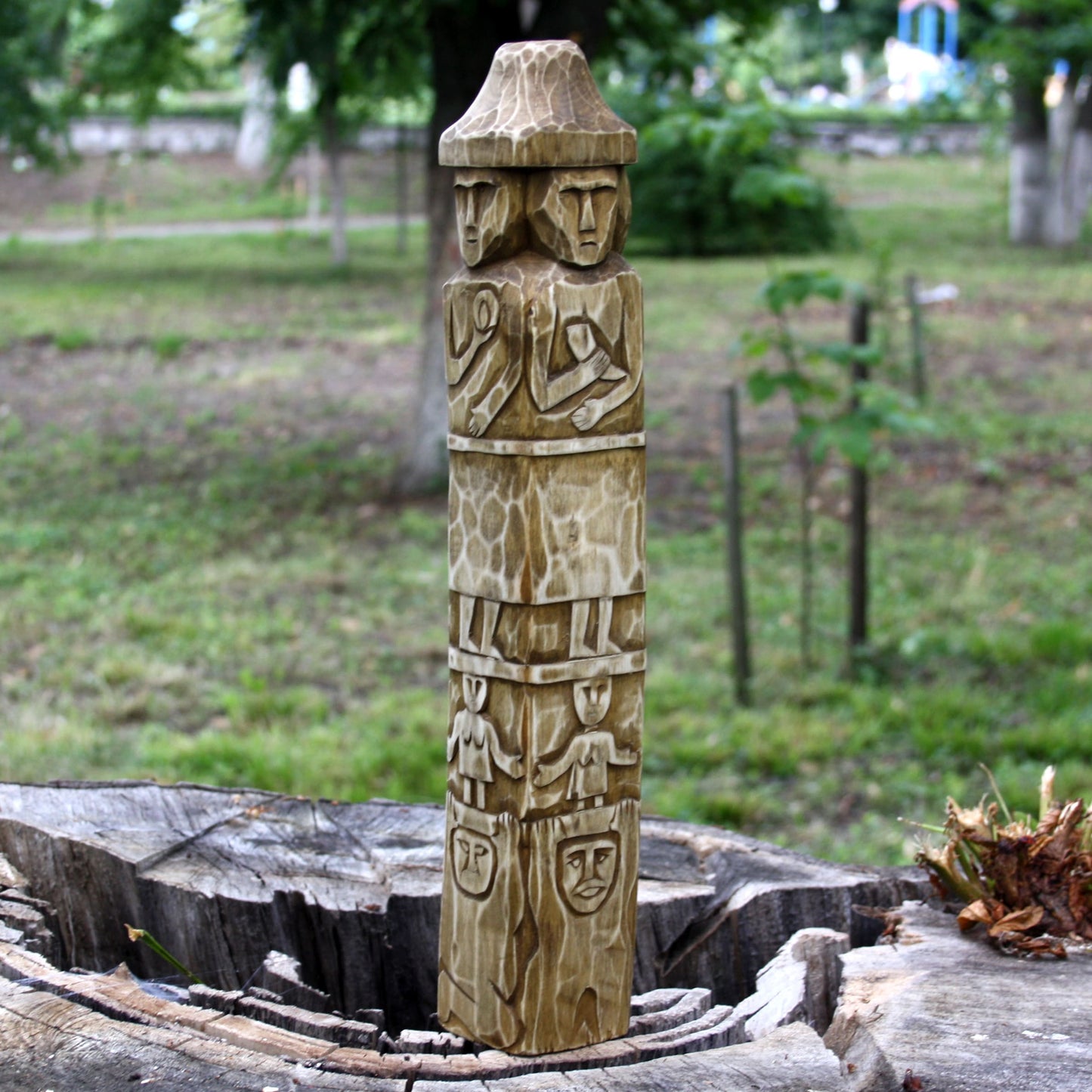 Front view part two of Zbruch Idol wooden replica hand carved from linden wood