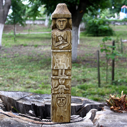 Front view of Zbruch Idol wooden replica hand carved from linden wood