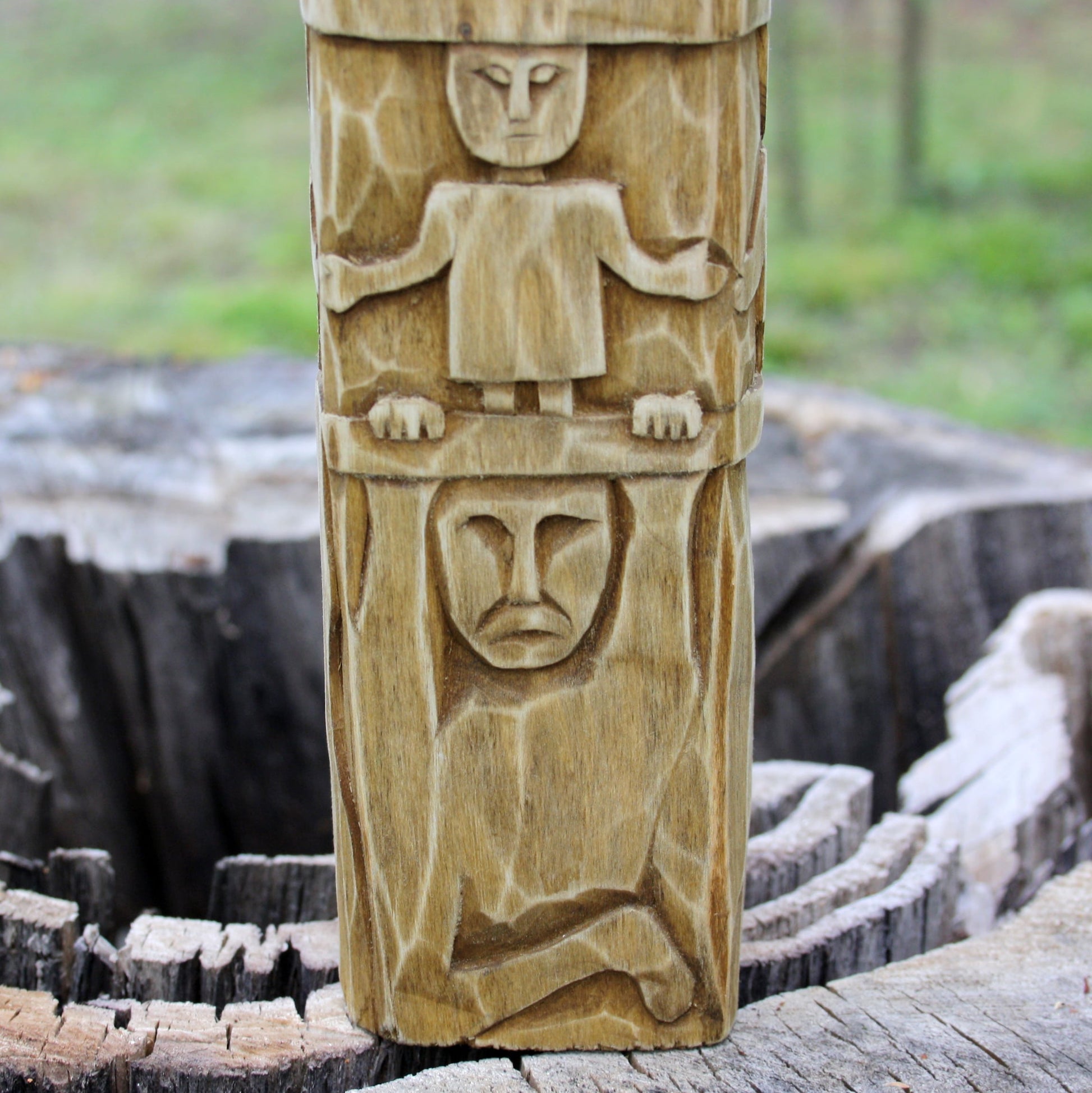 Detailed carving of Zbruch Idol wooden replica