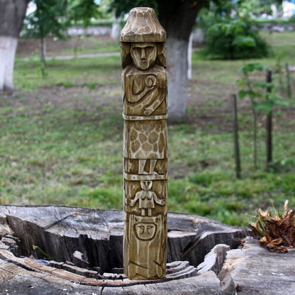 Left side part two of Zbruch Idol wooden replica handcrafted from linden 