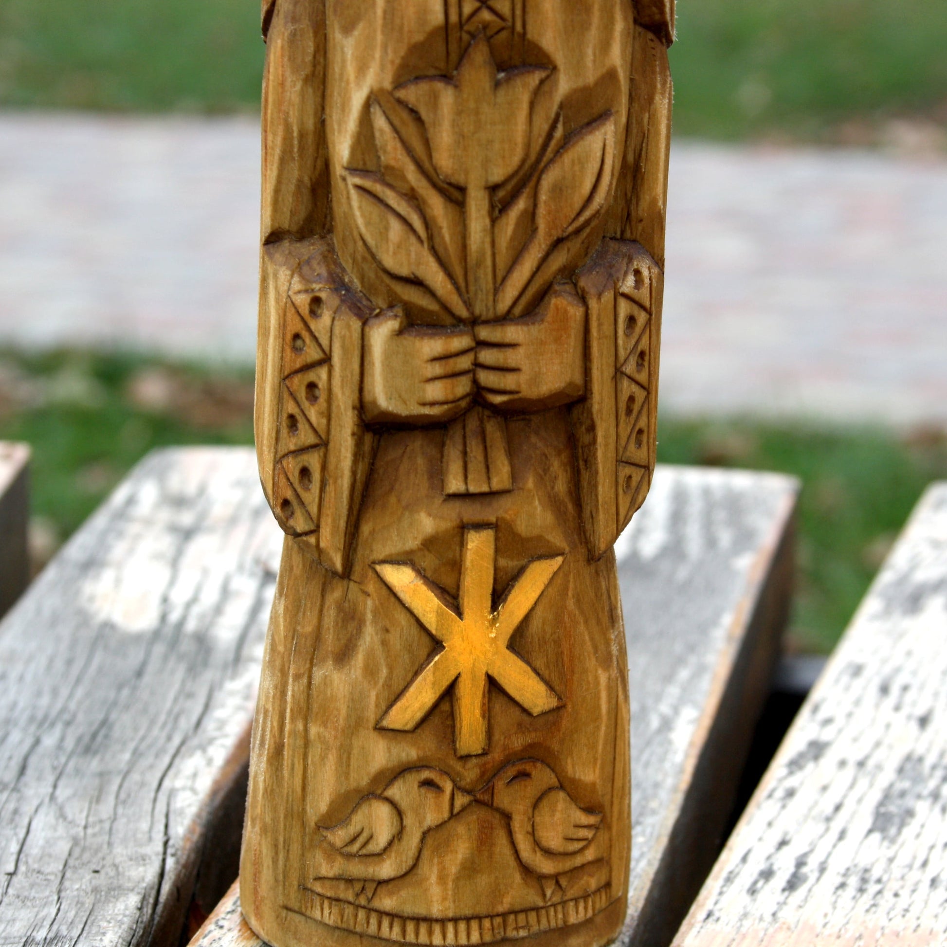 Detailed carving of Zhiva Slavic Goddess wooden statue