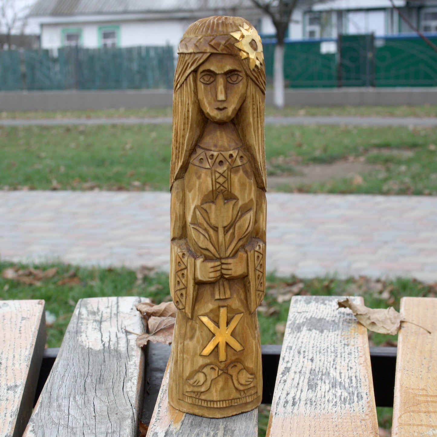 Front view of Zhiva Slavic Goddess wooden statue 25 cm hand carved from linden wood