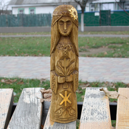 Front view of Zhiva Slavic Goddess wooden statue 25 cm hand carved from linden wood