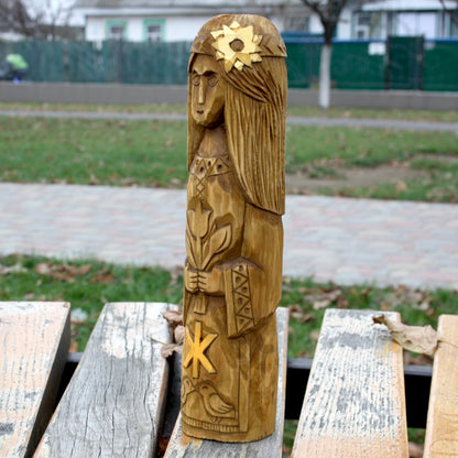 Left side of Zhiva Slavic Goddess wooden statue handcrafted from linden wood