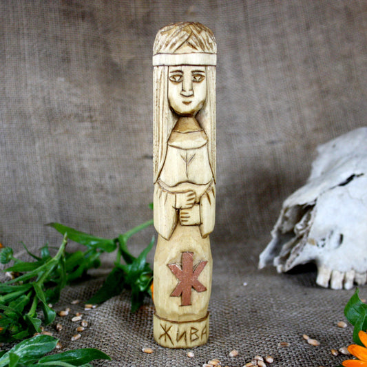 Front view of Zhiva Slavic wooden idol 18 cm hand carved from linden wood